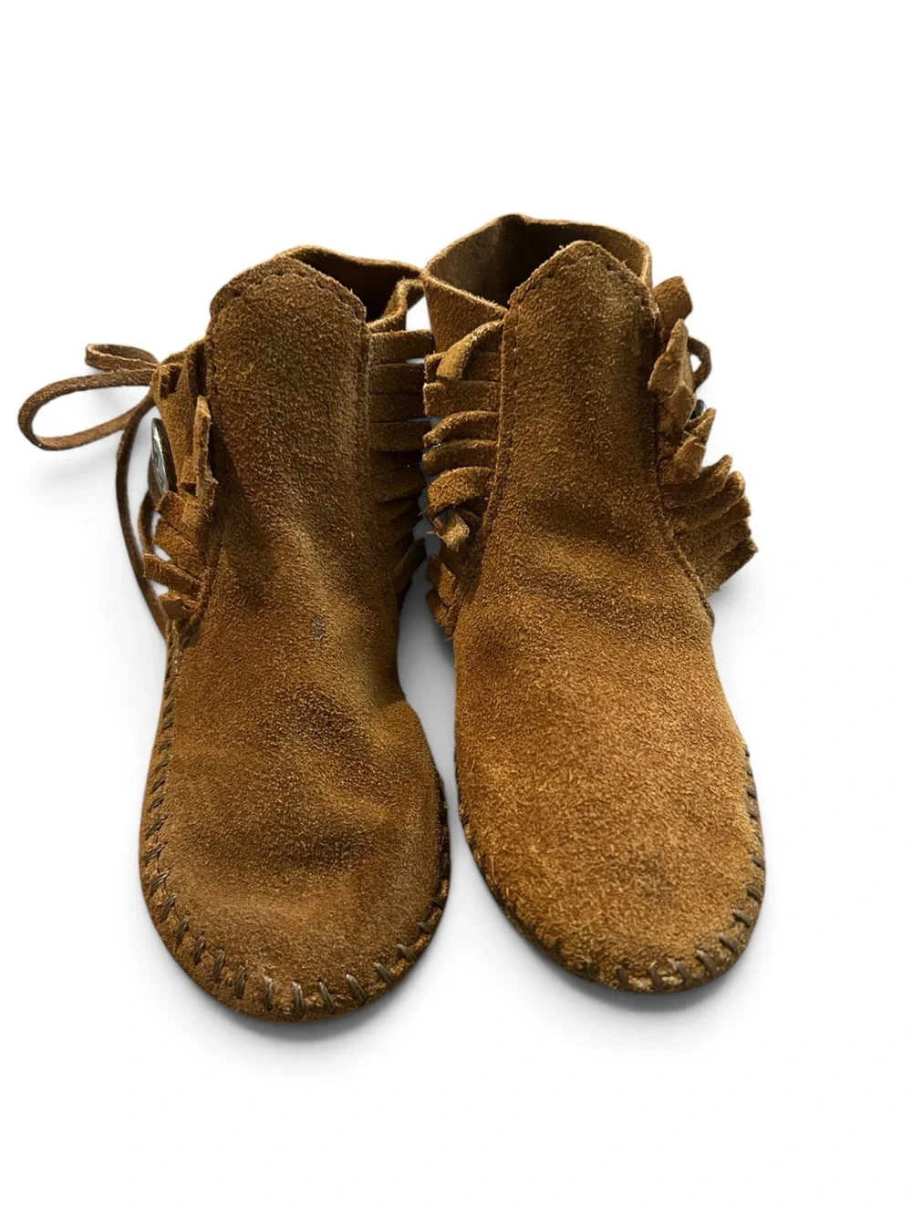 Vintage Toddler 11.5 Minnetonka Brown Suede Moccasin Boots with Concho Accent